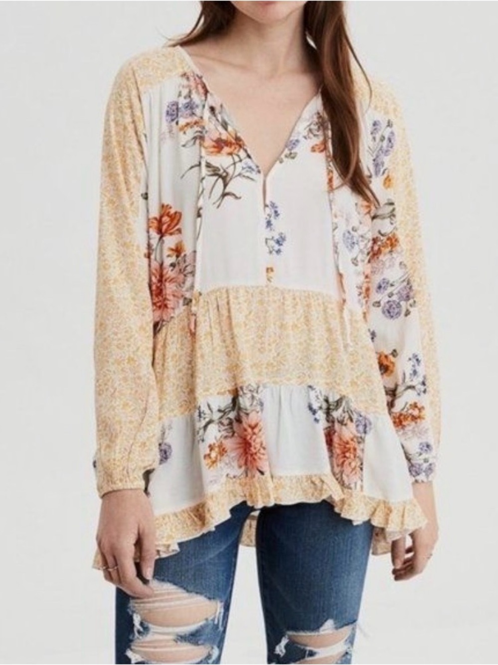 American Eagle Mixed Floral Patchwork Peasant Long Sleeve Tunic Top Ruffle Hem